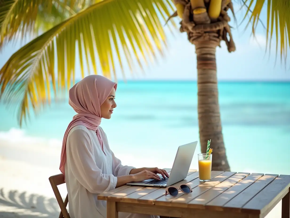 Sitting at a wooden table under the shade of a palm tree, the woman, wearing a pastel pink hijab and a flowing white dress, types on her laptop while enjoying the ocean breeze. The turquoise sea stretches out in the background, with gentle waves lapping at the shore. A pair of sunglasses and a tropical smoothie sit on the table beside her, adding to the relaxed, vacation-like atmosphere. The warm sunlight filters through the palm leaves, casting dappled shadows on her workspace. This scene perfectly encapsulates the concept of work-life balance in a tropical paradise.