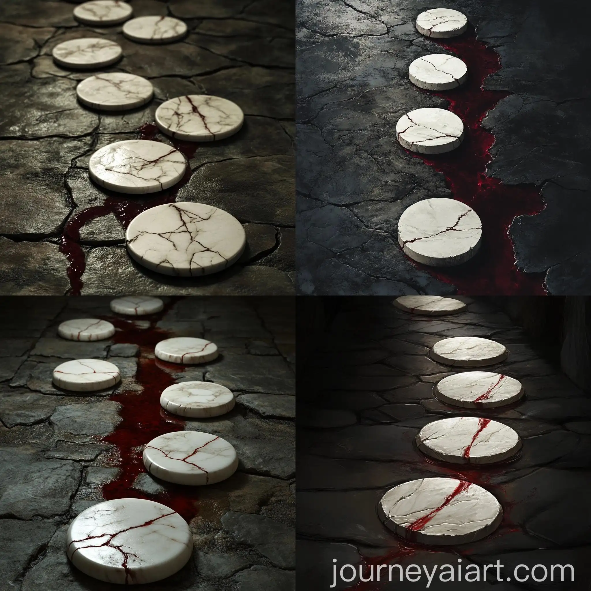 Fantasy-Art-White-Marble-Discs-on-Dark-Stone-Floor-with-Flowing-Blood