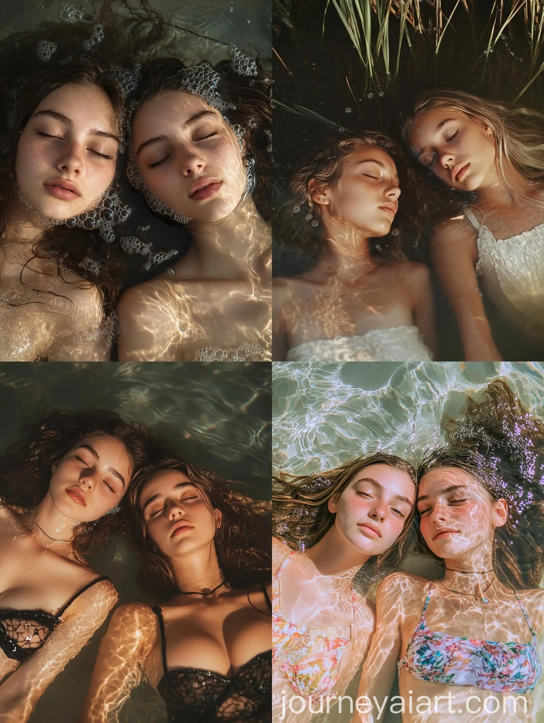 Two-Young-Women-Relaxing-in-a-Water-Tank-with-Natural-Lighting