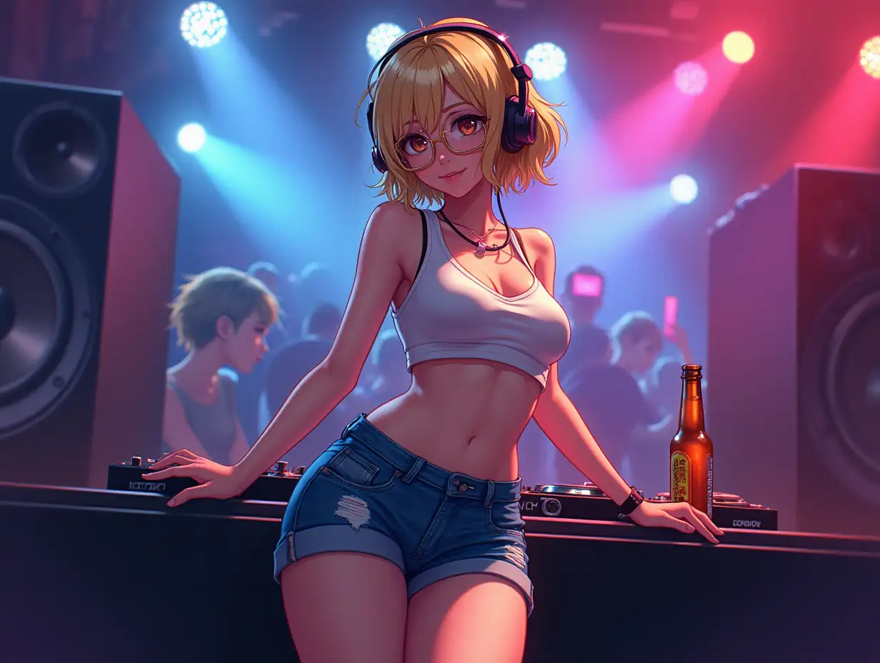 the girl is young, full-length, dressed in denim shorts, an open sports top with holes, a large lush bust, a deep neckline, beautiful, slender legs, blonde hair, short haircut, disheveled, combed to the right, large headphones on her head, darkened glasses on her eyes, gold glasses, a bottle of beer in her hand, dj console, nightclub, selfie fisheye, colored smoke, disco ball, huge speakers, fun, dancing, disco, glitter, modern detailed anime style