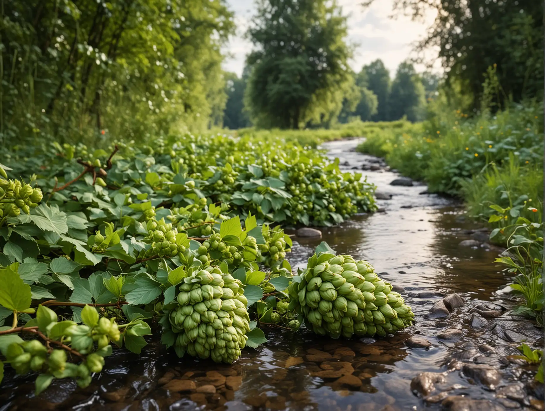 Romantic-Landscape-with-Stream-and-Green-Hop-Cone