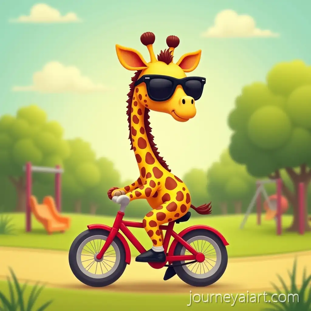 Cartoon-Giraffe-With-Sunglasses-Riding-a-Red-Bicycle-in-a-Sunny-Park