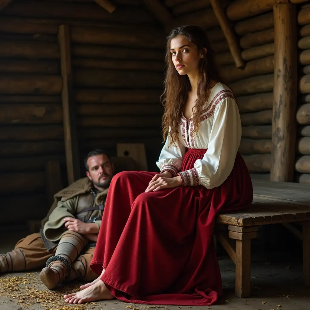 a young brown-haired slavic woman in a long, traditional red-white dress sitting on a wooden bench in a hut with a slavic warrior resting at her feet