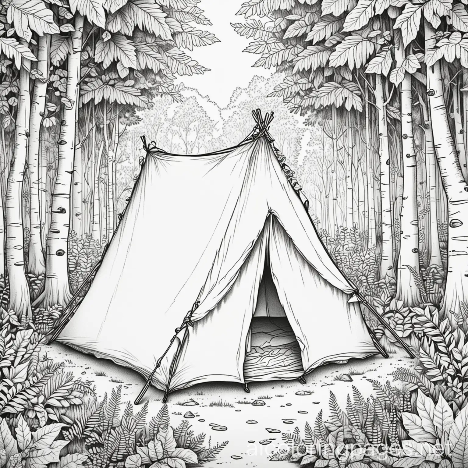 a Cute tent in a forest and nature for adults , Coloring Page, black and white, line art, white background, Simplicity, Ample White Space. The background of the coloring page is plain white. The outlines of all the subjects are easy to distinguish, making it simple to color without too much difficulty, lots of patterns, boho style, Coloring Page, black and white, line art, white background, Simplicity, Ample White Space. The background of the coloring page is plain white to make it easy for young children to color within the lines. The outlines of all the subjects are easy to distinguish, making it simple for kids to color without too much difficulty