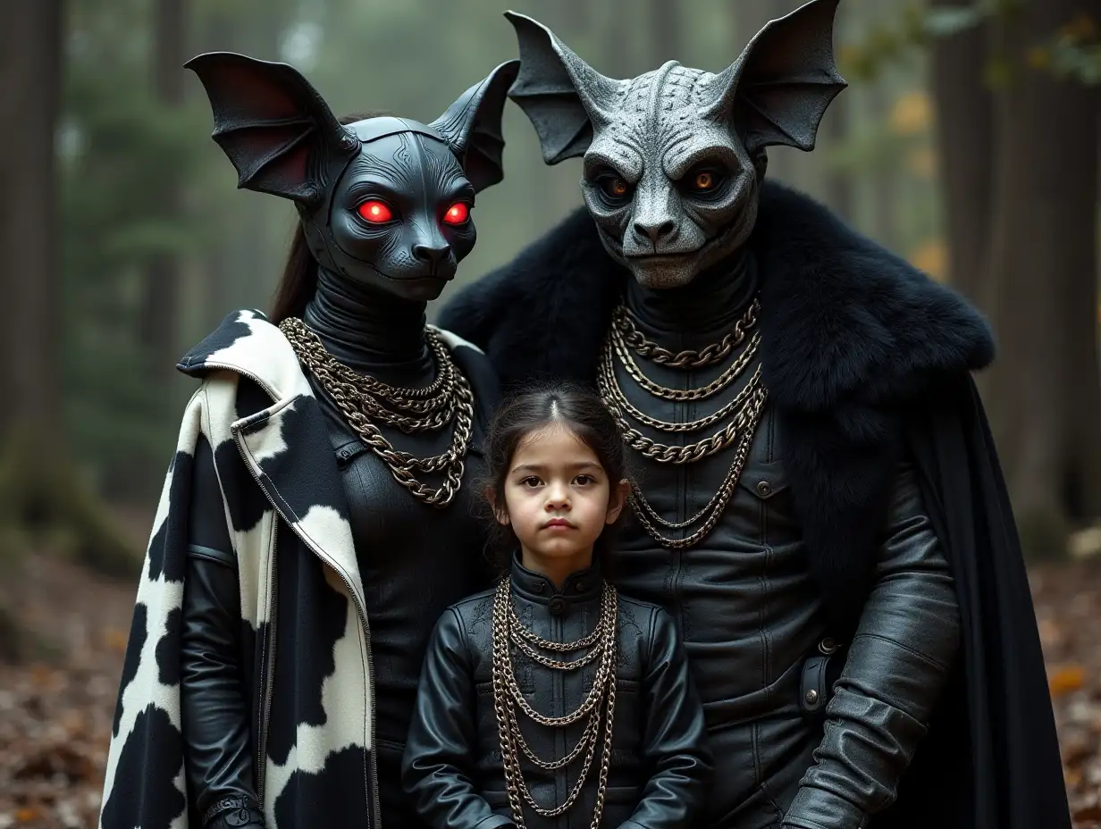 AI-fantasy family, man, woman, and children, giant bat face, with many chain necklaces and black-white leather coat, cow pattern