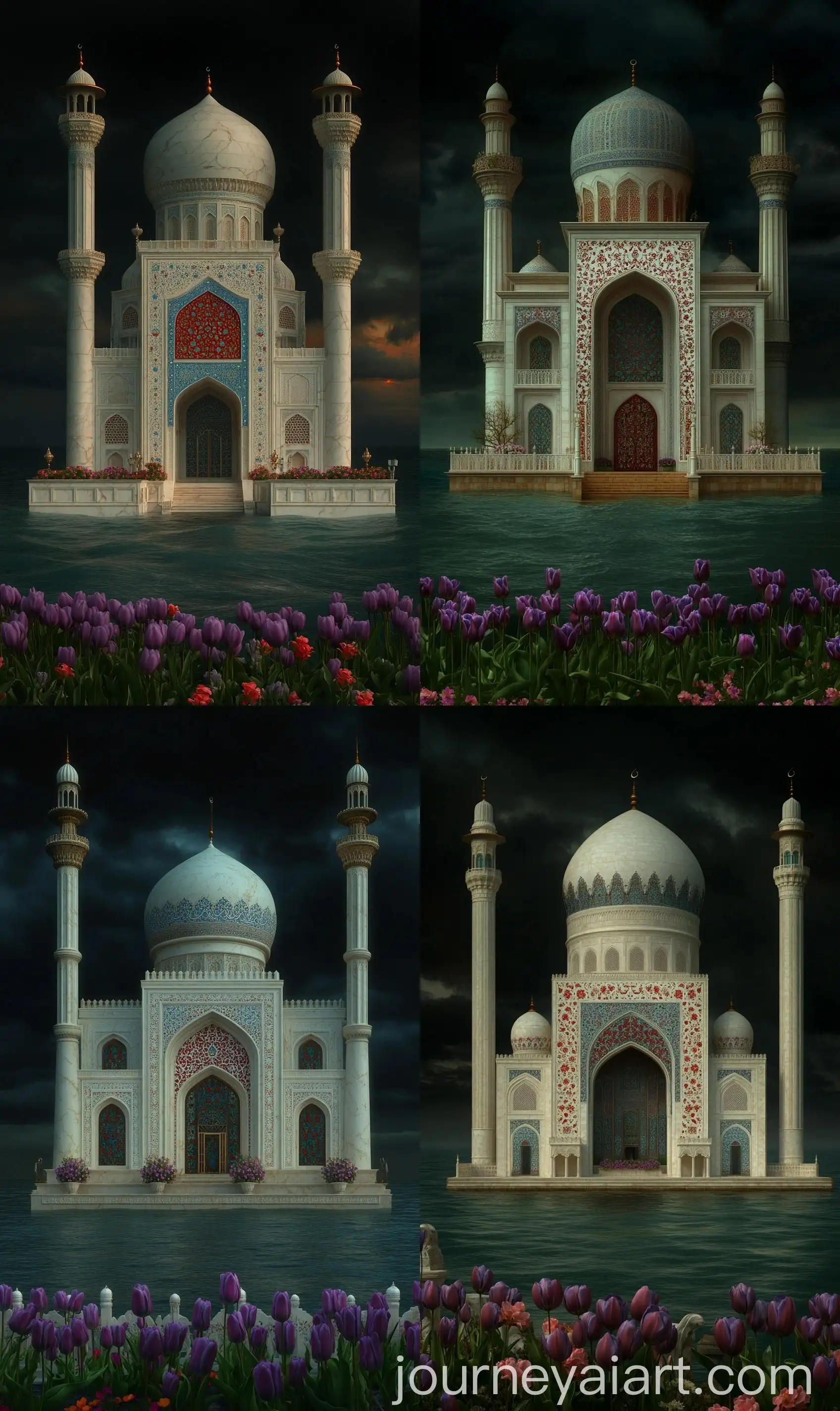 Front-View-of-a-Modern-Uzbekistan-Mughal-Mosque-Overlooking-Endless-Ocean