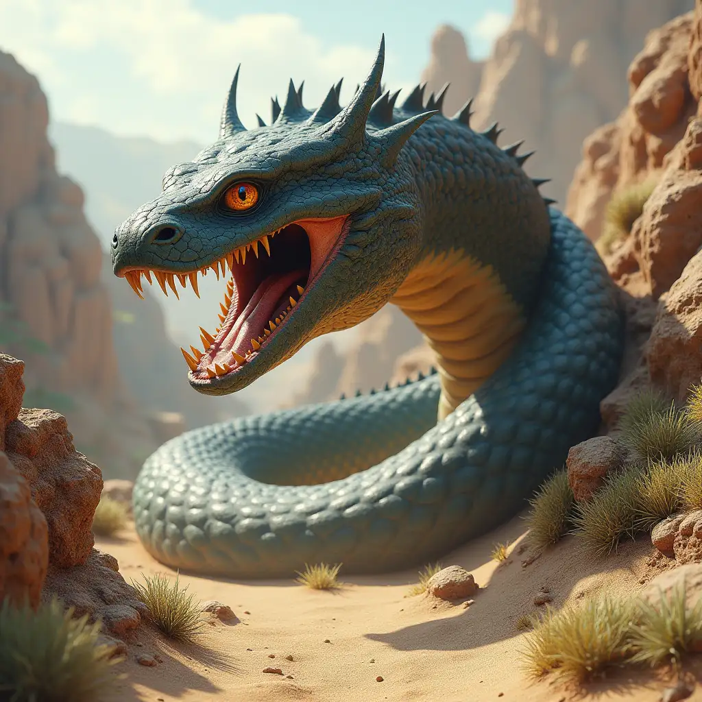 Create an image of an armored giant snake with a cat's face, 10 meters long, with an open mouth and long teeth between mountains with sand, rocks and plants, and detail in parts and lighting.