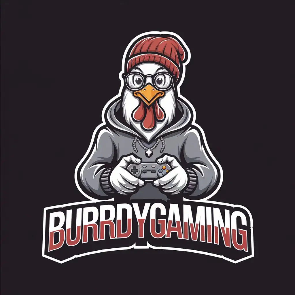 LOGO Design for BurrdyGaming Cartoon Chicken Gaming with Red Text and Black Background