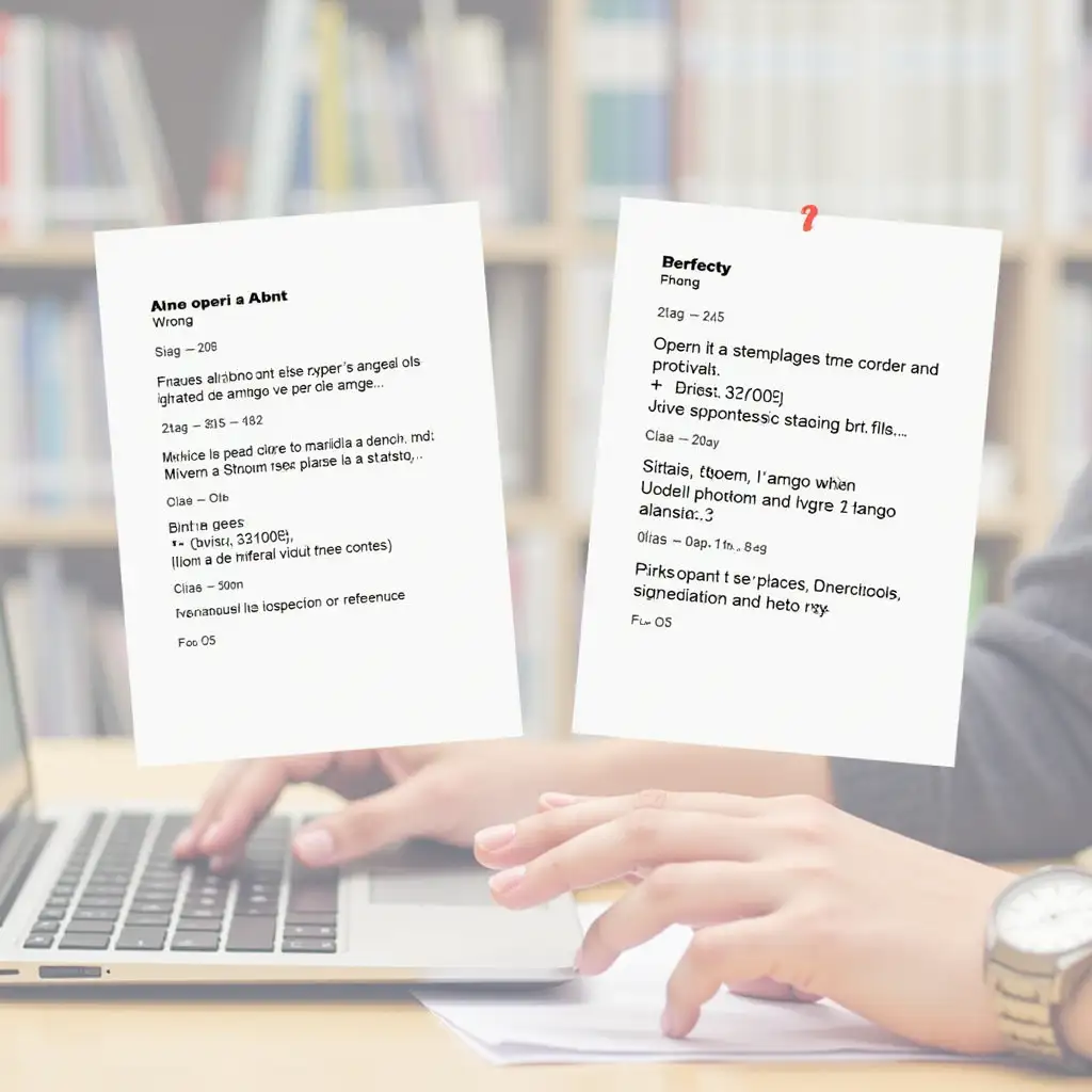 Image divided into two parts, showing the correction of an academic reference according to ABNT standards. On the left side, a reference is wrong, with incorrect punctuation, misaligned elements and mixed fonts, conveying confusion. On the right side, the same reference appears corrected, perfectly formatted with adequate spacing, order and punctuation. A student's hands typing appear at the bottom, indicating the adjustment process. The image has a semi-realistic style, with soft tones and an academic environment in the background.