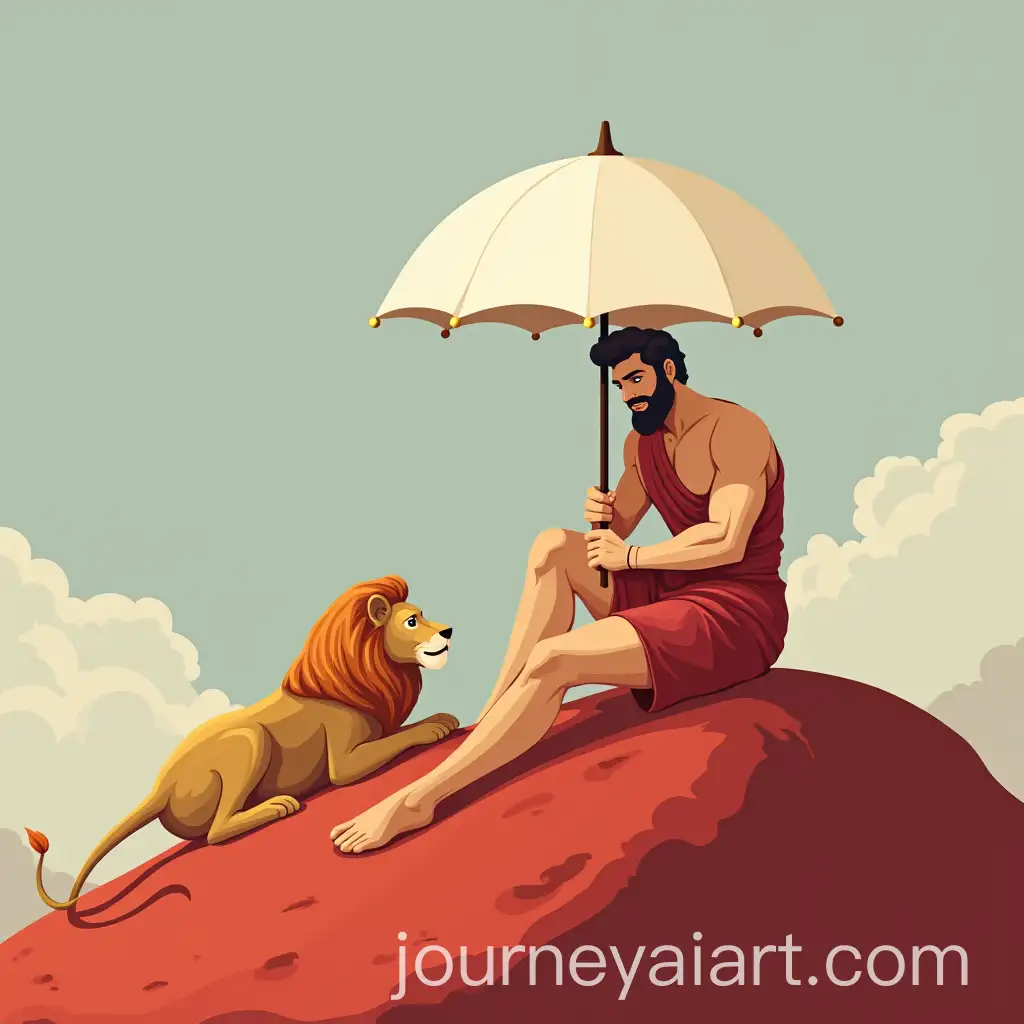 Hercules-Sitting-on-Red-Hill-Under-White-Umbrella-with-Lion