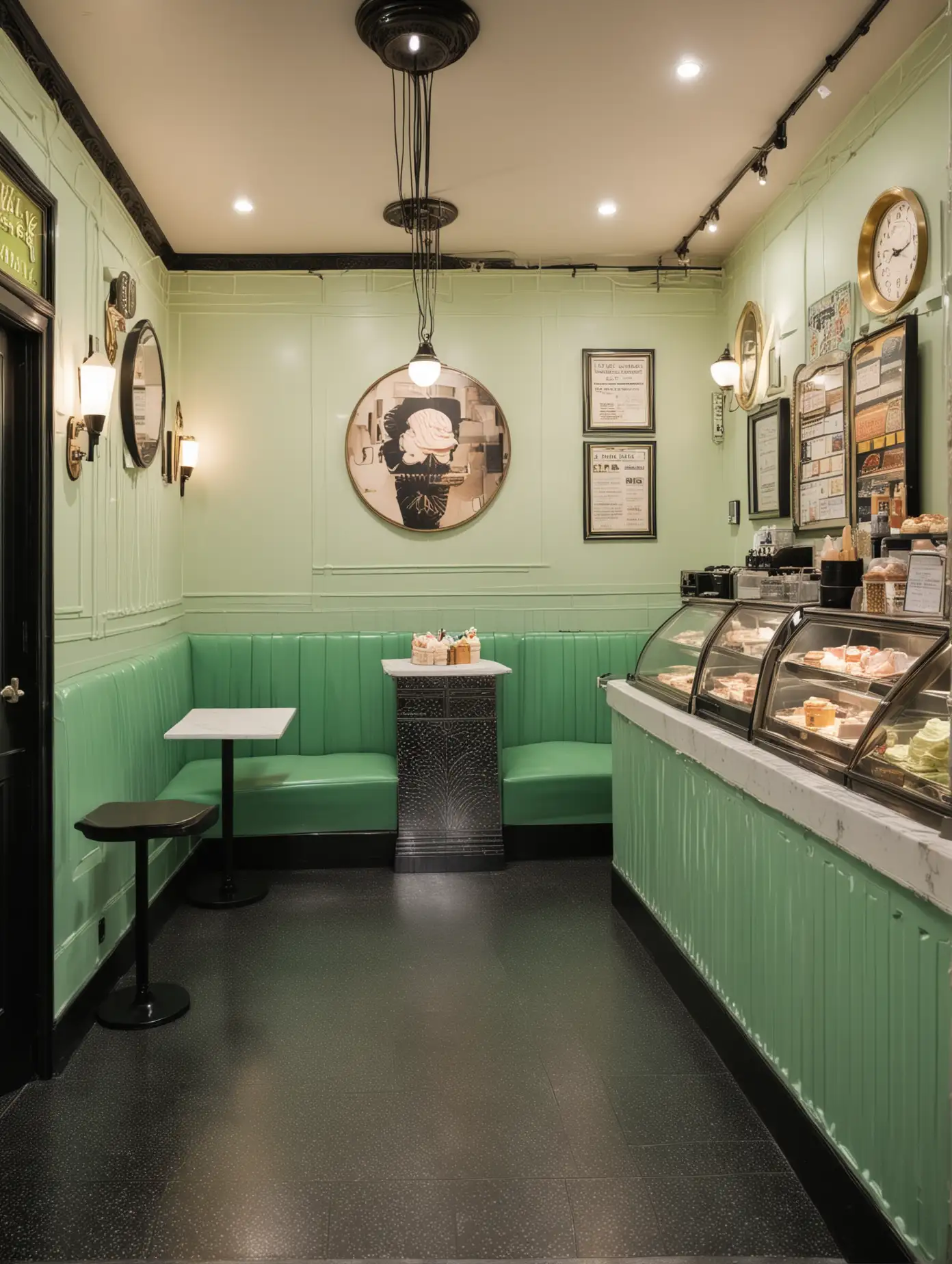 Art Deco Style Interior of an Ice Cream Shop with Cream and Green Accents