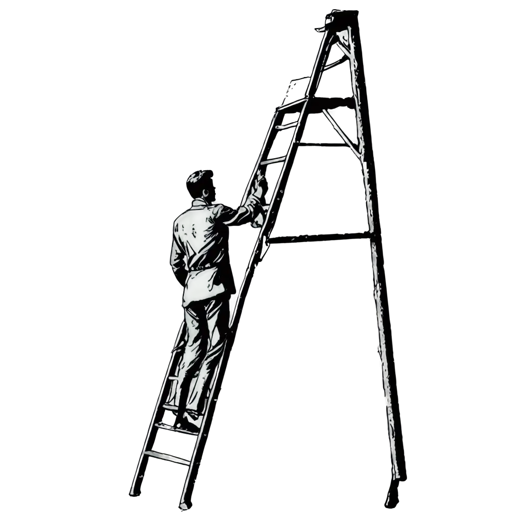 Ladder, Man, Line drawing, Retro, black and white