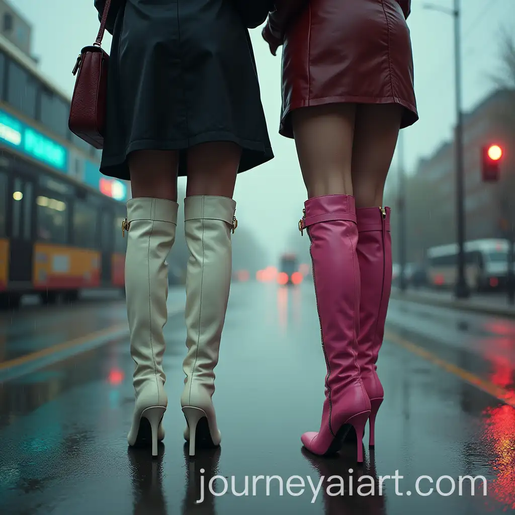 Two-Women-in-KneeHigh-Leather-Stiletto-Boots-Waiting-at-a-Rainy-Bus-Stop