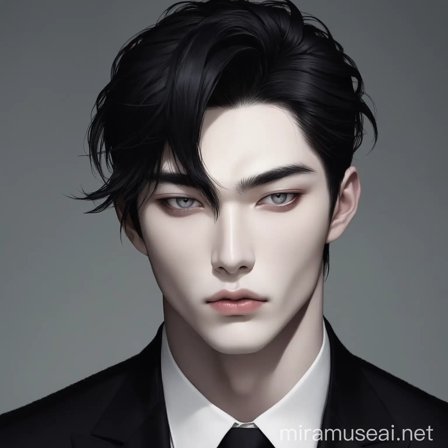 Elegant Young Man in Black ThreePiece Suit with Korean Features