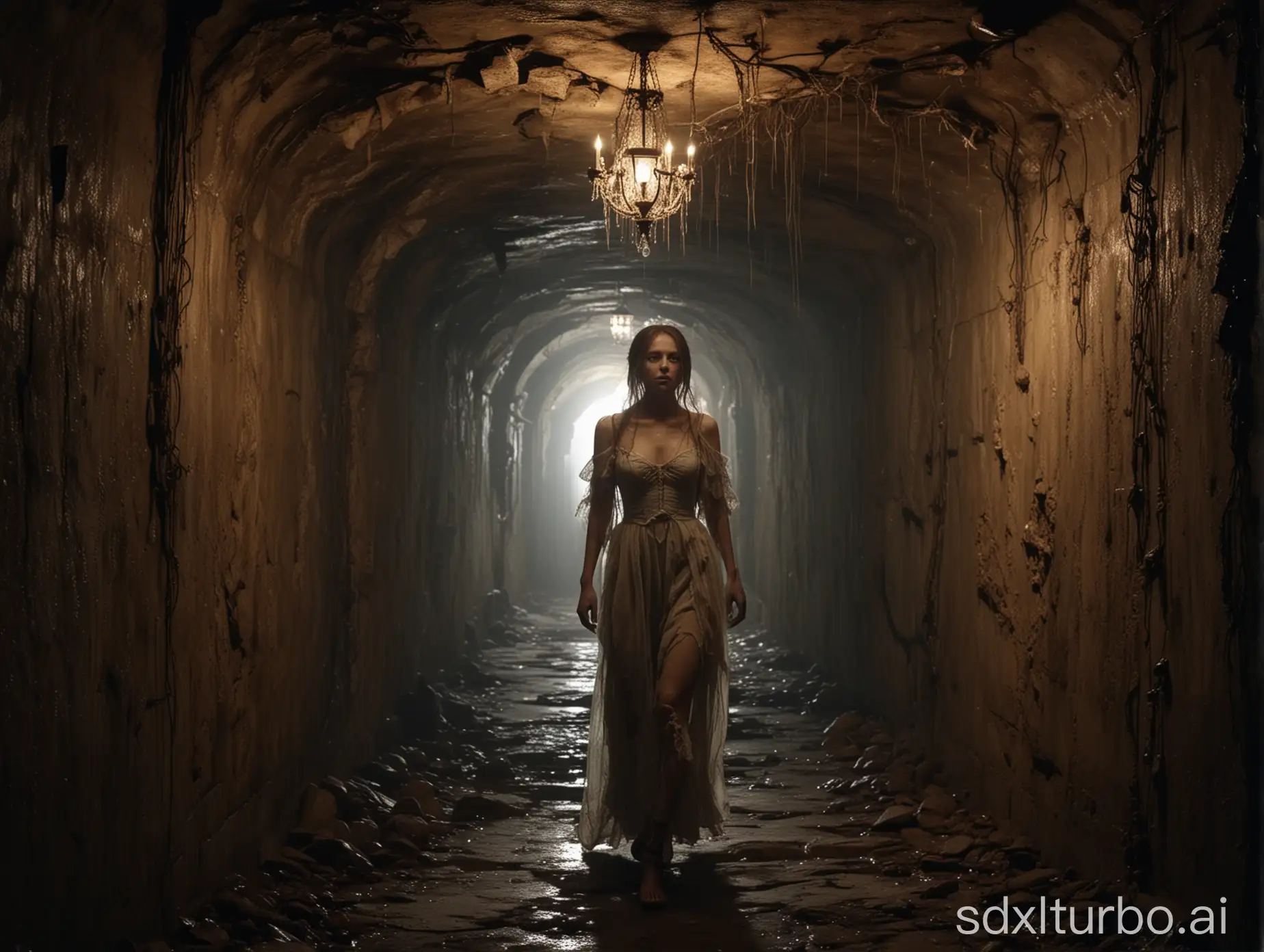 Wounded-Maiden-Escaping-Through-Dungeon-Tunnel-with-Chandelier-Light