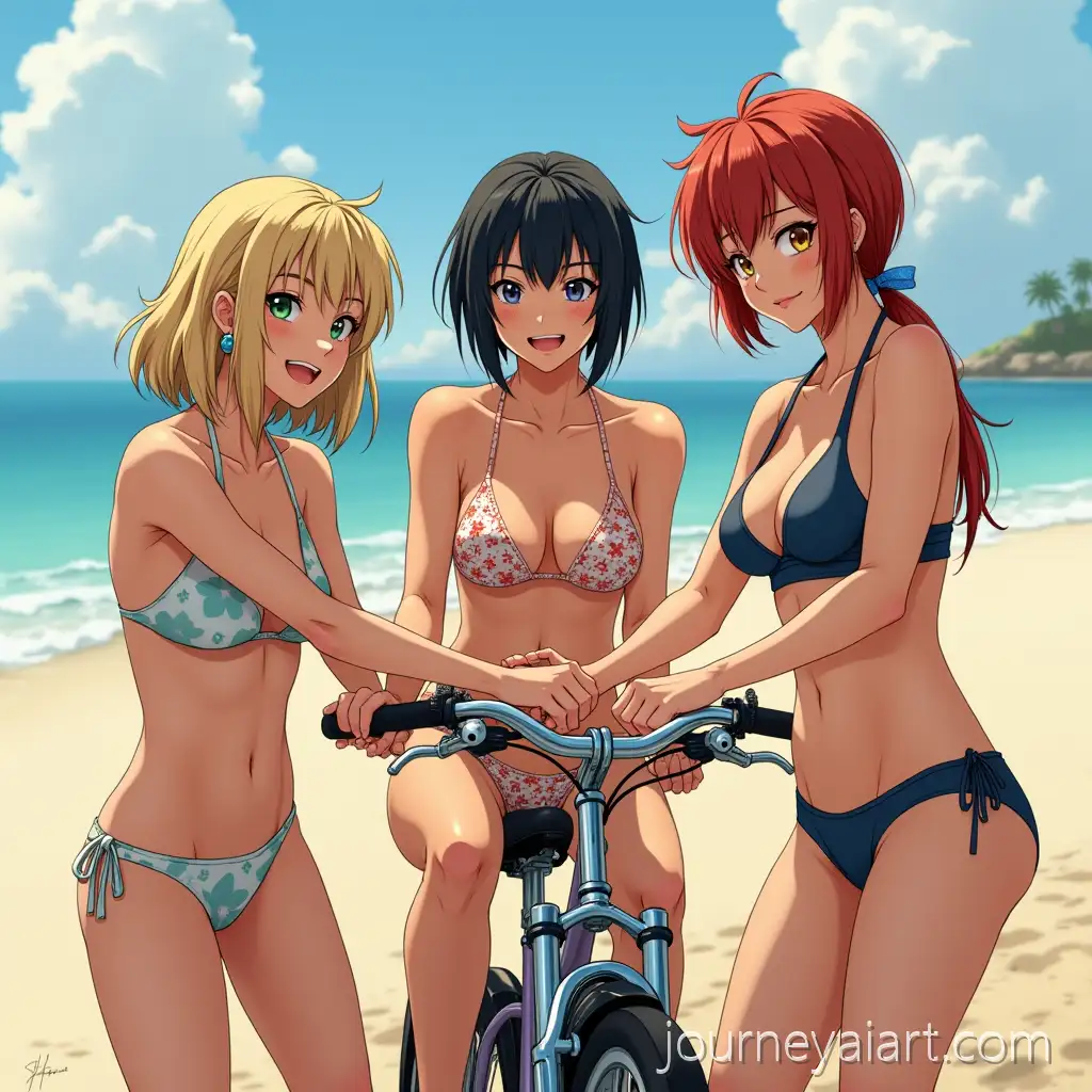Three-Young-Women-Repairing-Bicycle-on-Tropical-Beach-in-Bikinis