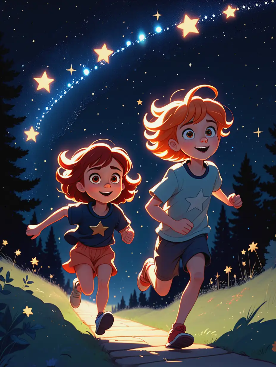 Children Running on a Starry Night Path