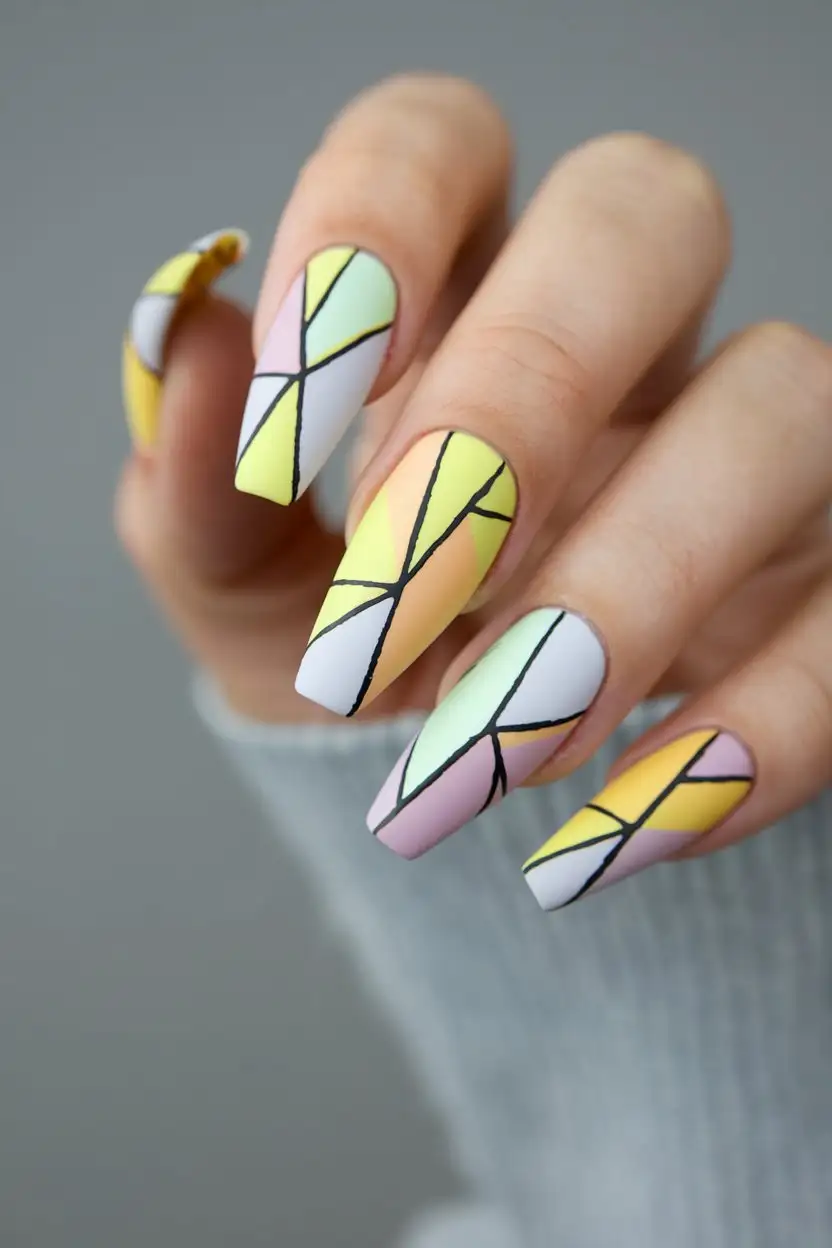 A close-up shot of a hand with stiletto-shaped nails featuring a modern geometric design in various shades of yellow (from light pastel to bright lemon) combined with thin black lines. The finish is matte in some sections and glossy in others, creating visual interest. The background is a minimalist grey color. The focus is sharp on the intricate geometric patterns on the nails.