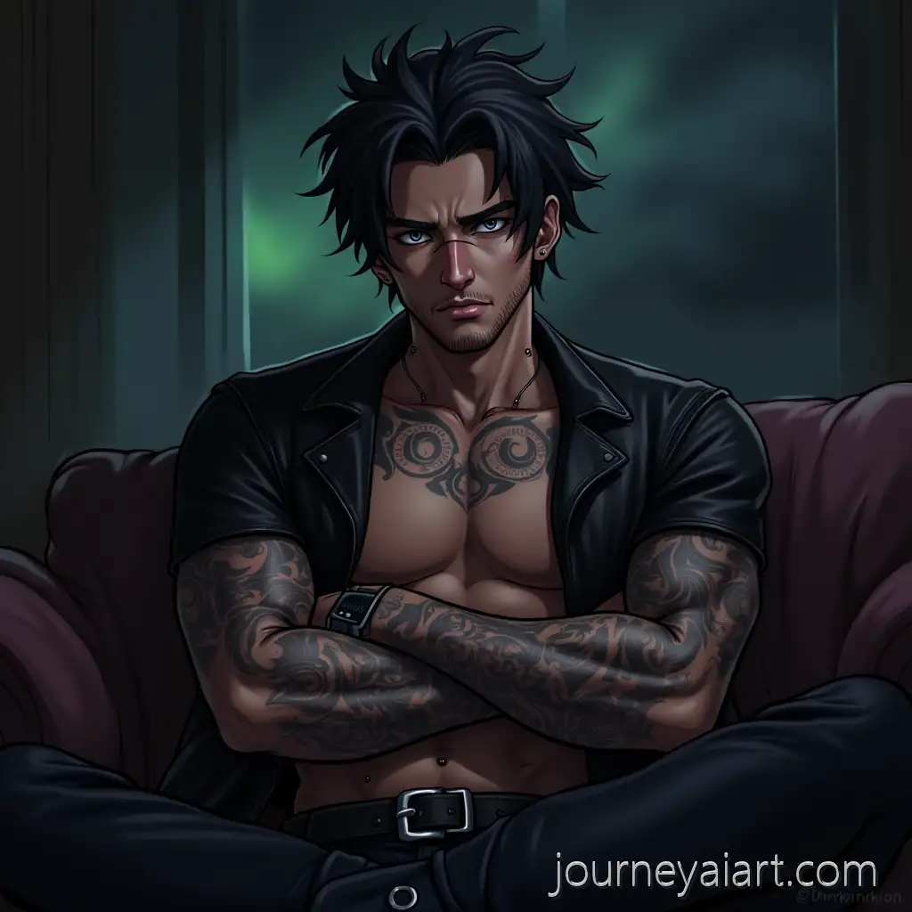 Tattooed-Male-Model-with-Leather-Jacket-and-Motorcycle-Boots-in-Dimly-Lit-IndoorAI-Image-Expansion-Setting