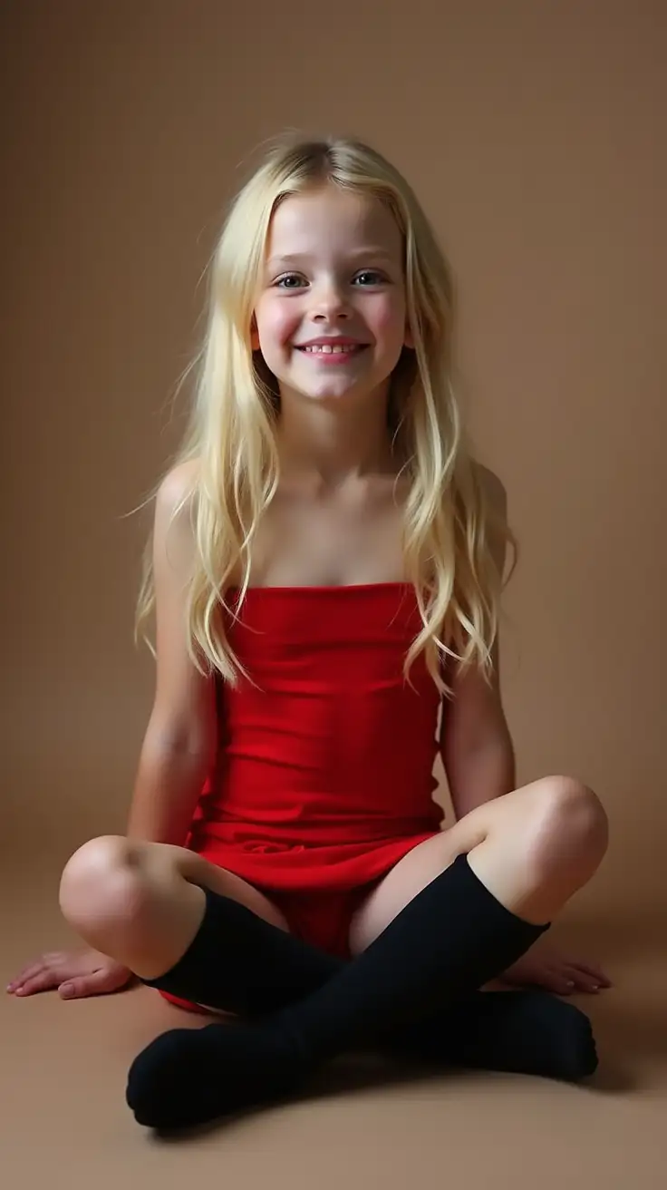 Adorable-Tween-Girl-in-Red-Dress-Sitting-CrossLegged