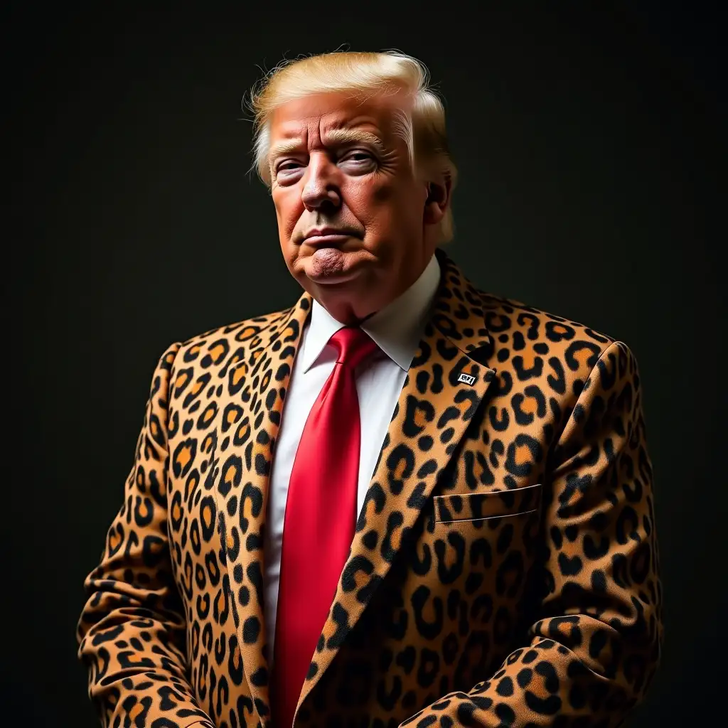 portrait of Donald Trump in a cheetah print suit; trump;