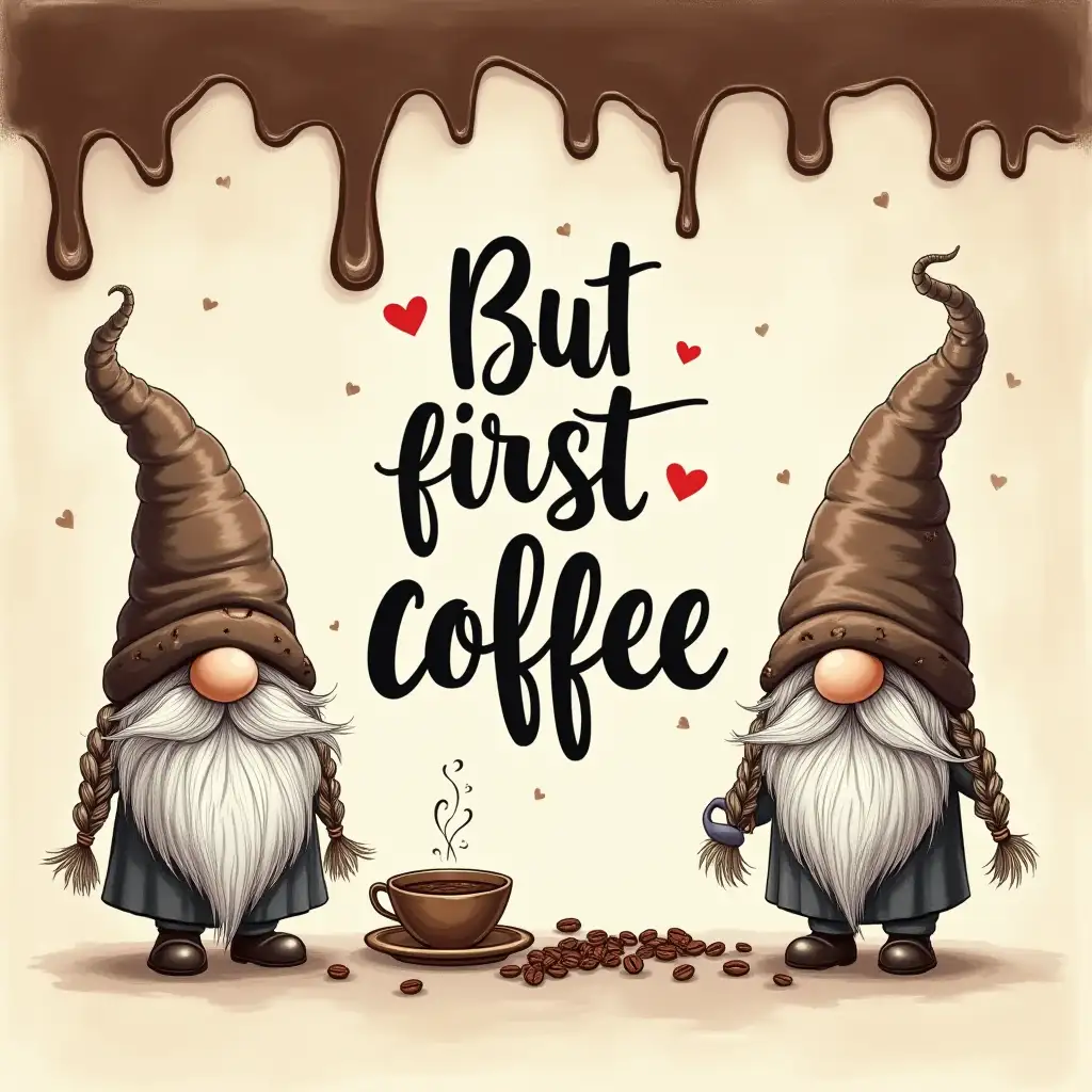 Create an image with a whimsical and cozy coffee theme. The background should feature a rich, creamy coffee color with a texture that resembles swirling coffee. At the top of the image, include dripping chocolate or coffee, giving a melting effect. In the center, write the phrase 'But first coffee' in bold, stylish, and playful black script font, with small heart icons around it. Add a small coffee cup illustration next to the text. On either side of the text, place a cute gnome character with a large hat adorned with coffee beans and small bows. The gnome should have braided hair and be holding a large coffee cup. Scatter coffee beans around the bottom of the image to enhance the coffee theme. charcoal pencil drawing