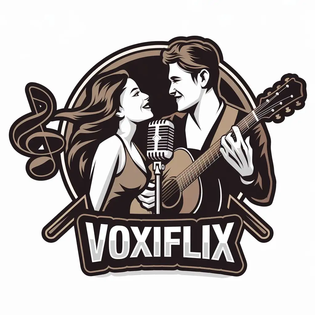 LOGO Design for VOXIFLIX Woman Singing and Man Playing Guitar with Microphone Theme