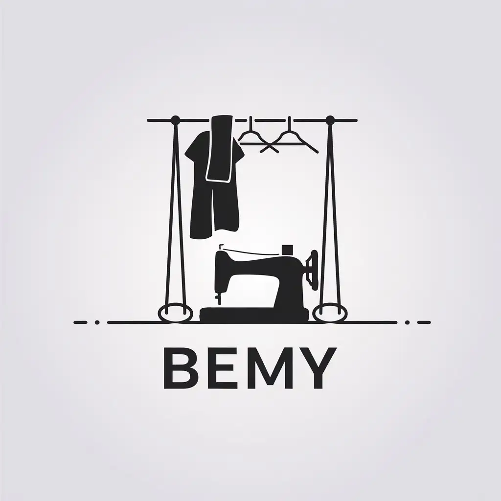 a vector logo design,with the text "BEMY", main symbol:Clothes rack, clothing, sewing machine,Minimalistic,be used in Retail industry,clear background