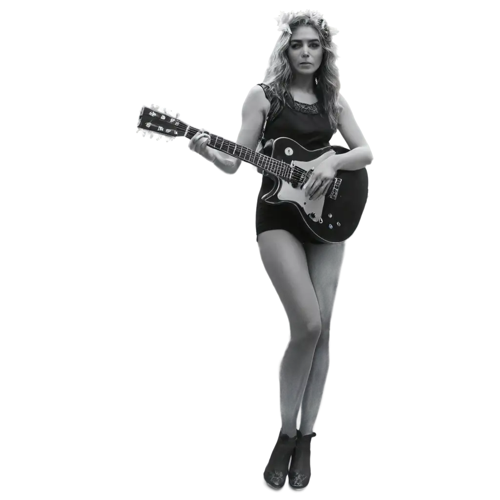 Daughter-of-Flowers-70s-Black-and-White-PNG-with-Guitar-Vintage-Aesthetic-Image-for-Creative-Use