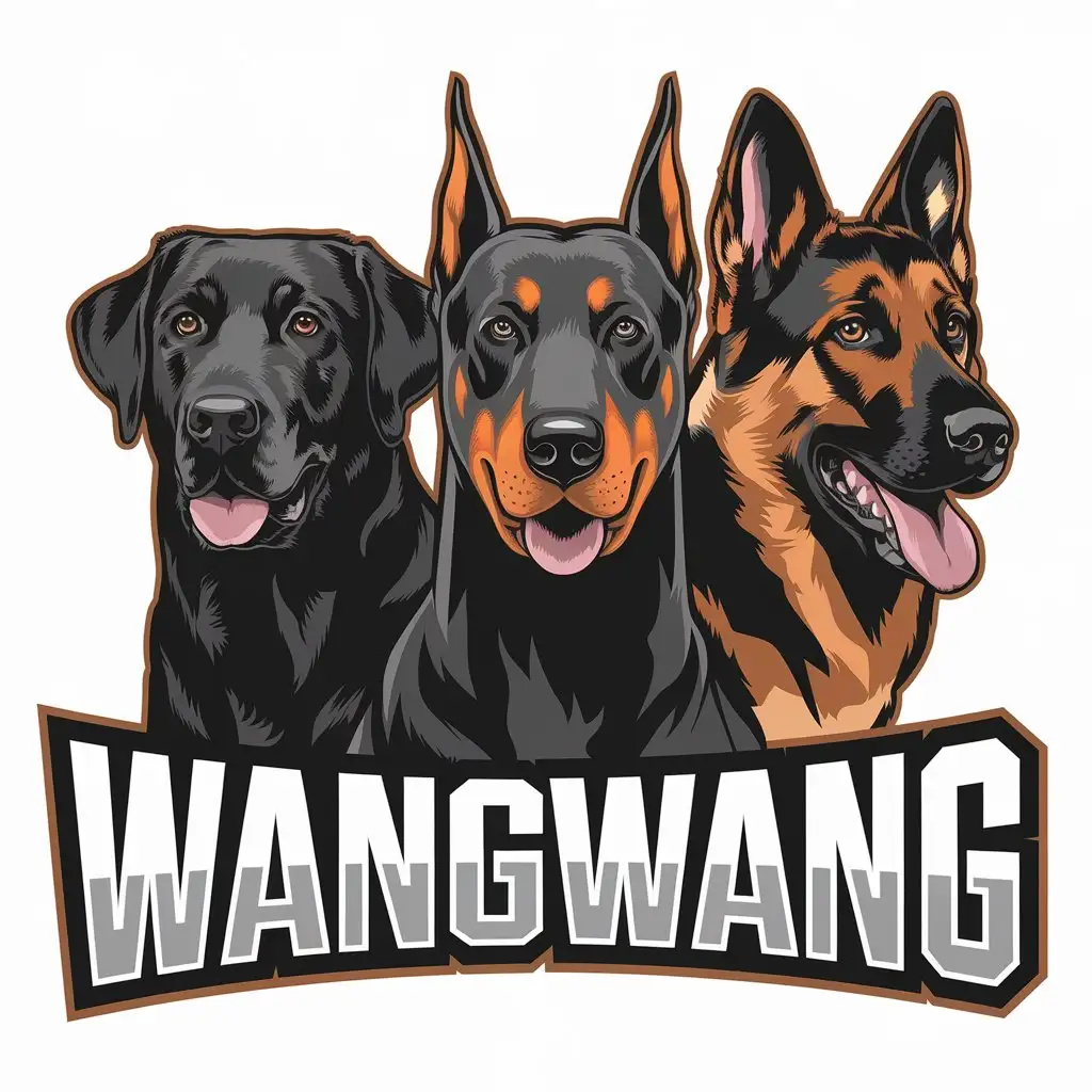 a vector logo design,with the text "wangwang", main symbol:Black Labrador Retriever doberman German shepherd,Moderate,be used in Animals Pets industry,clear background