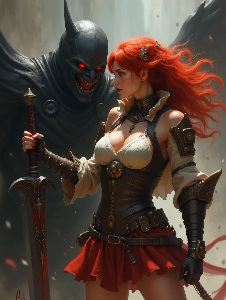 RedHaired-Steampunk-Beauty-Battling-Black-Nazgul-in-Fantasy-Setting