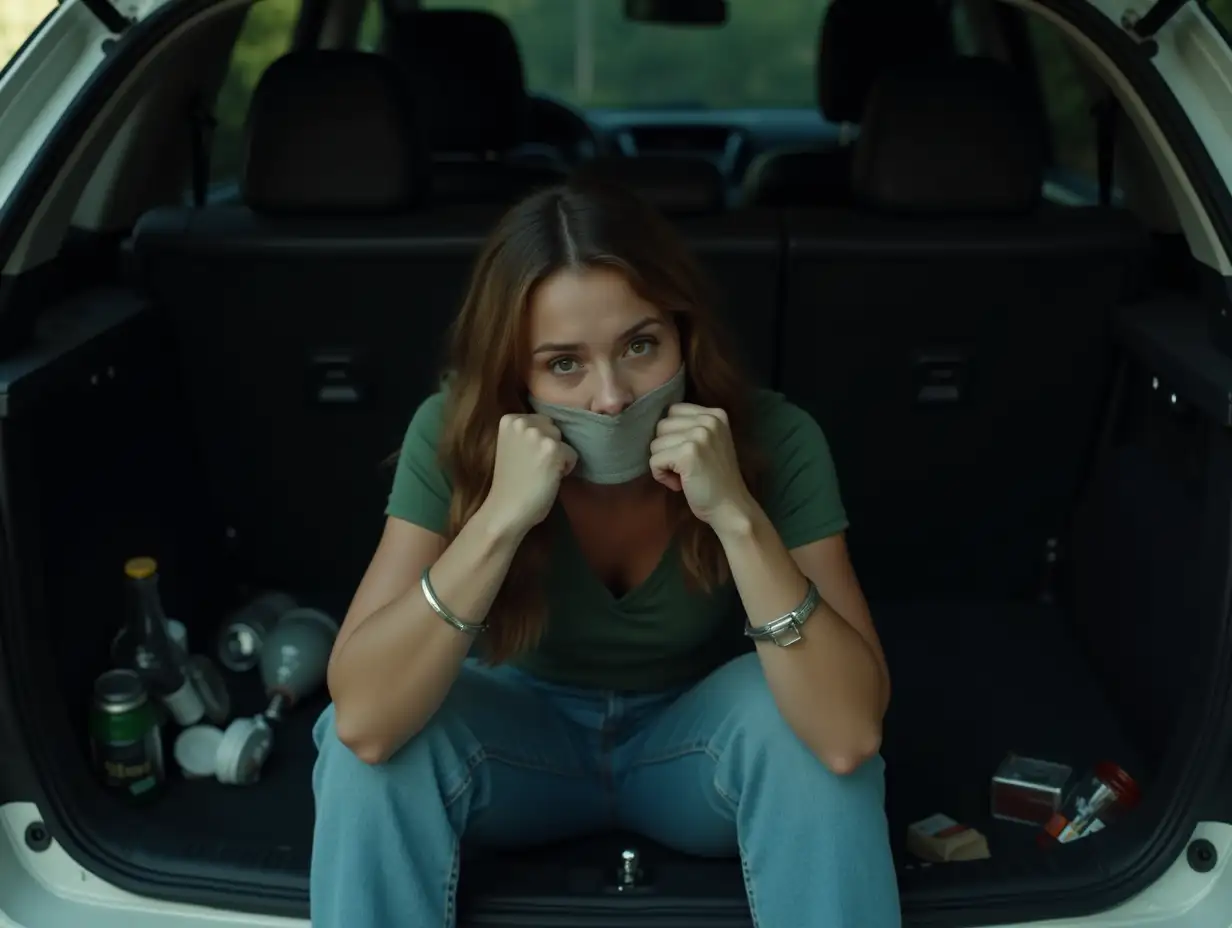 Young-Woman-Bound-and-Gagged-in-Trunk-of-Car-with-Bottles-and-Debris