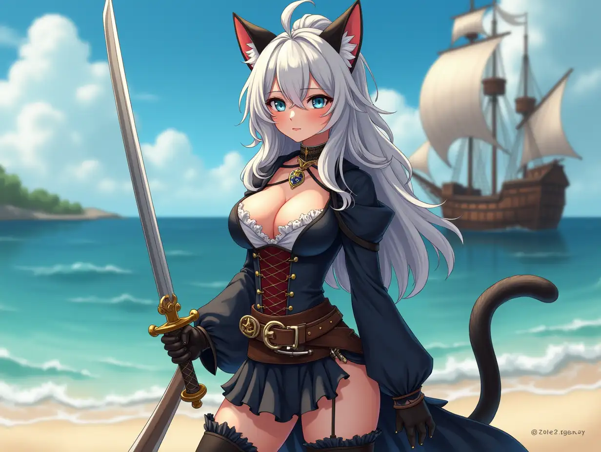 A mature adult feline/woman dressed as a pirate with a sword on a beach.  A pirate ship in the background. Her 30-something years are disguised by her youthful facial features, except for her subtle wrinkles around the eyes, extremely slender body. Her ample bosom strains against her clothing, threatening to burst free from the fabric, extreme cleavage.  Wearing black thigh high pirate boots. She has piercing blue cat eyes. A choker adorns her neck, a subtle hint at her feline nature. Her long, white hair cascades down her back like a wild waterfall, tangled and disheveled. Her cat-like teeth glint in the light, as her white fur-lined ears punctuate her visage with sparkling black and gold earring adorns each ear, adding a touch of elegance to her feline features. Cat whiskers on her face. The attached tail at the base of her spine stirs lazily.  Long fingernails. Full body view. Anime.