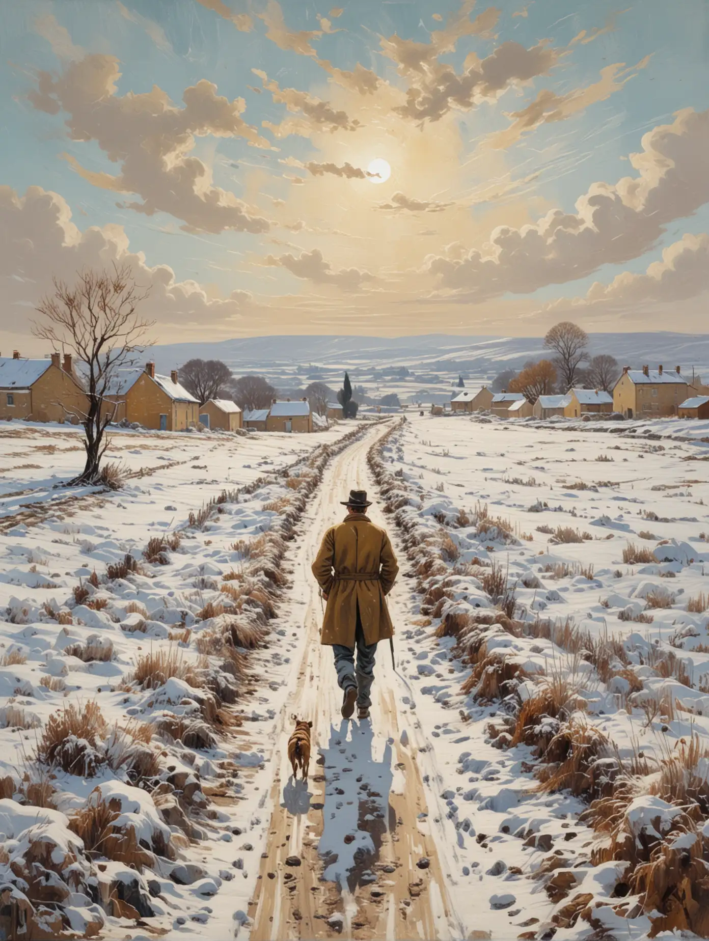 An expressive winter landscape painting in the style of Vincent van Gogh, inspired by his work 'The Landscape with Snow.' The scene captures the La Crau plain with Montmajour visible on the horizon. A snow-covered path begins in the lower left corner, leading diagonally across the plain towards distant trees and snow-covered hills. A lone man in a brown jacket and black hat walks with his dog by his side, creating a sense of companionship in the melting snow. The snow is painted in shades of white and violet, with patches of brown, green, and blue suggesting slushy puddles left by the melt. Yellow tufts of grass line the path, and red rooftops are seen on the horizon. The brushstrokes are horizontal in the field to emphasize the flatness, while diagonal strokes along the path add tension. The sky is a soft blue with a few cloud wisps, creating a tranquil winter atmosphere, and the high horizon line draws attention to the foreground, as if walking behind the man and his dog on this serene, museum-worthy winter landscape.