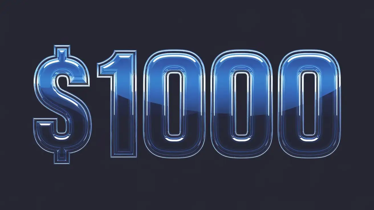 $1000 in glossy, 3d, blue text, black background