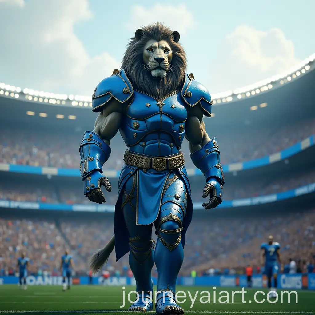Giant-Humanoid-Lion-in-Ancient-Blue-Armor-at-Football-Stadium