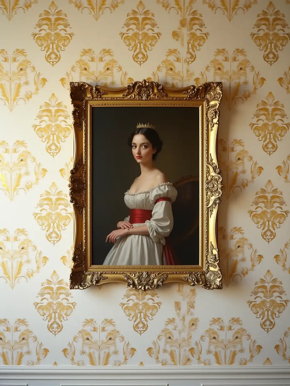 Gilded-Framed-Portrait-Hanging-on-a-Wall-with-Gold-and-White-Damask-Wallcovering