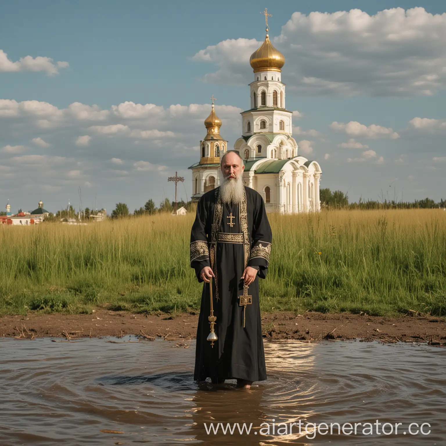 Православный священник на фоне русской церкви в поле купала