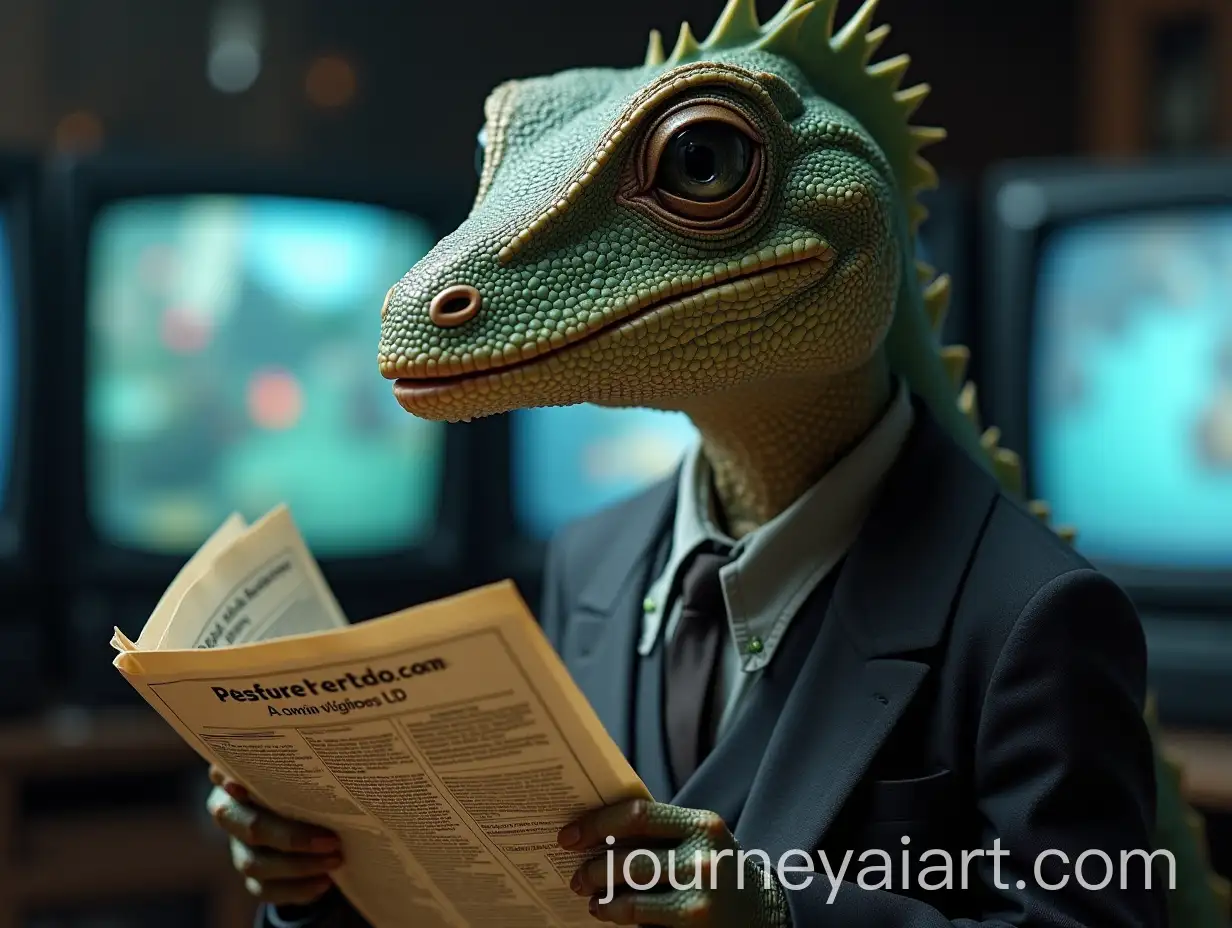 Reptilian-Journalist-Holding-Newspaper-with-TV-Screens-in-the-Background