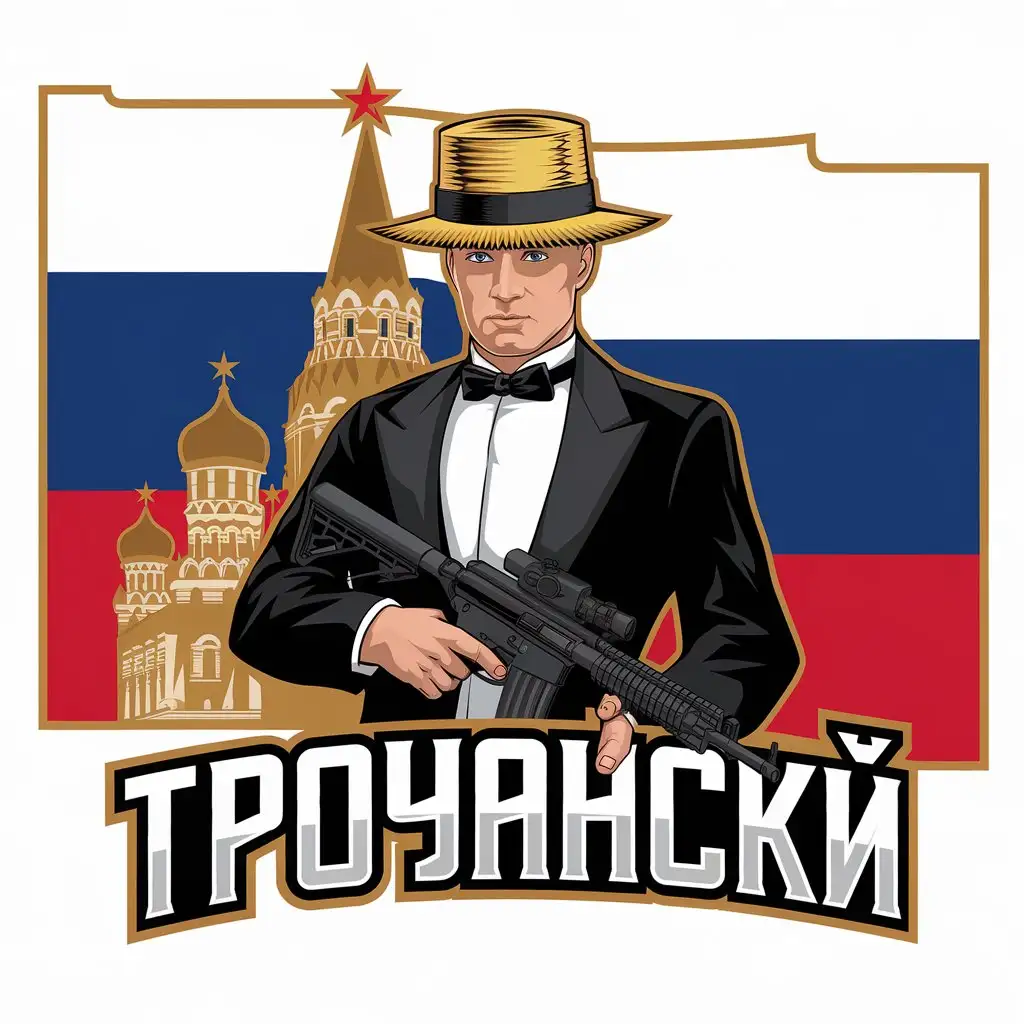 LOGO Design for Troyanski Warrior in Straw Hat Black Tuxedo Kremlin Backdrop with Russian Empire Flag