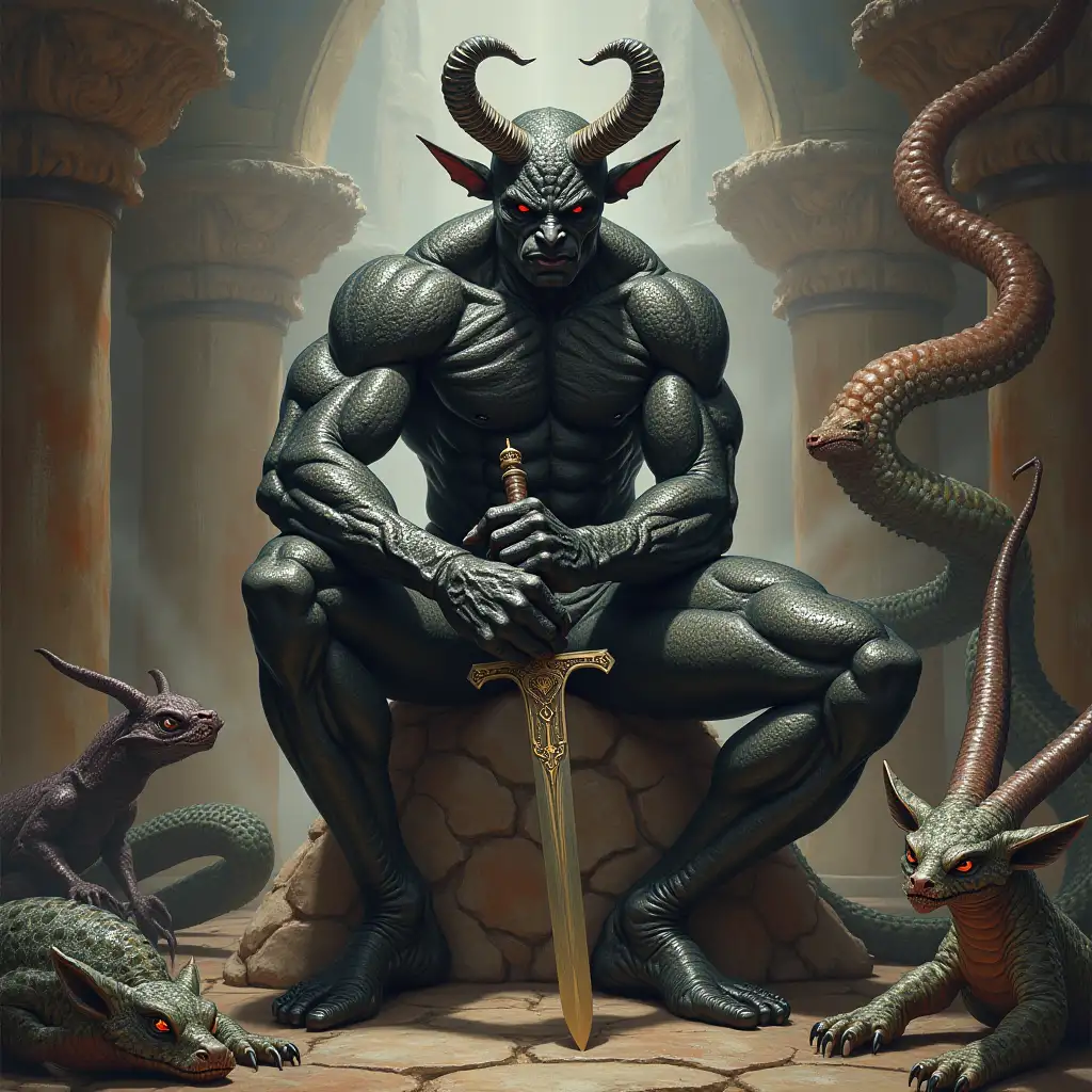 Ultra detailed hyperrealistic portrait of a black bodybuilder with horns and snake skin, with a sword on a rock in a palace with various strange creatures with intricately detailed, colorful