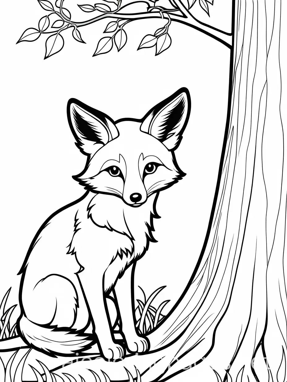 Curious-Fox-Peeking-from-Behind-Tree-Coloring-Page