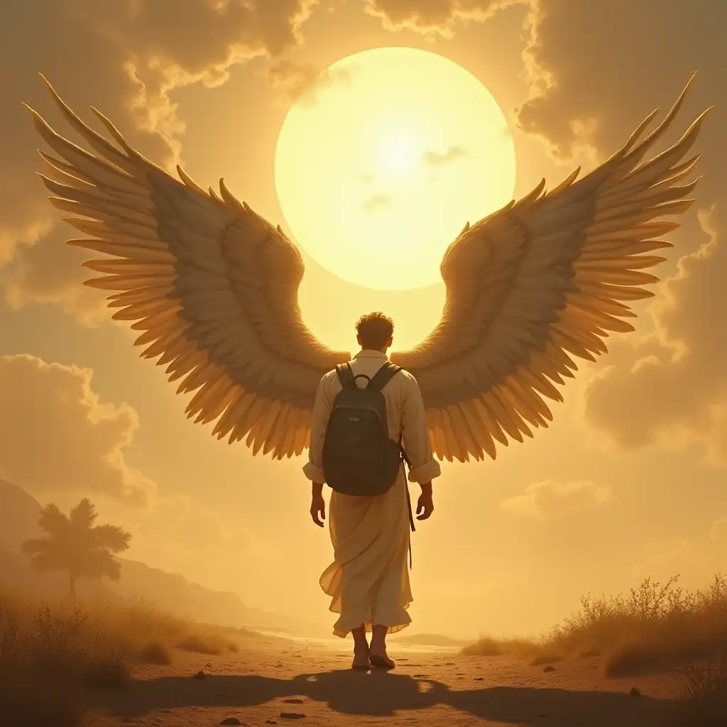 The shadow of massive angelic wings casts over a traveler walking under the blazing sun, captured in a Renaissance painting style. Wings from back