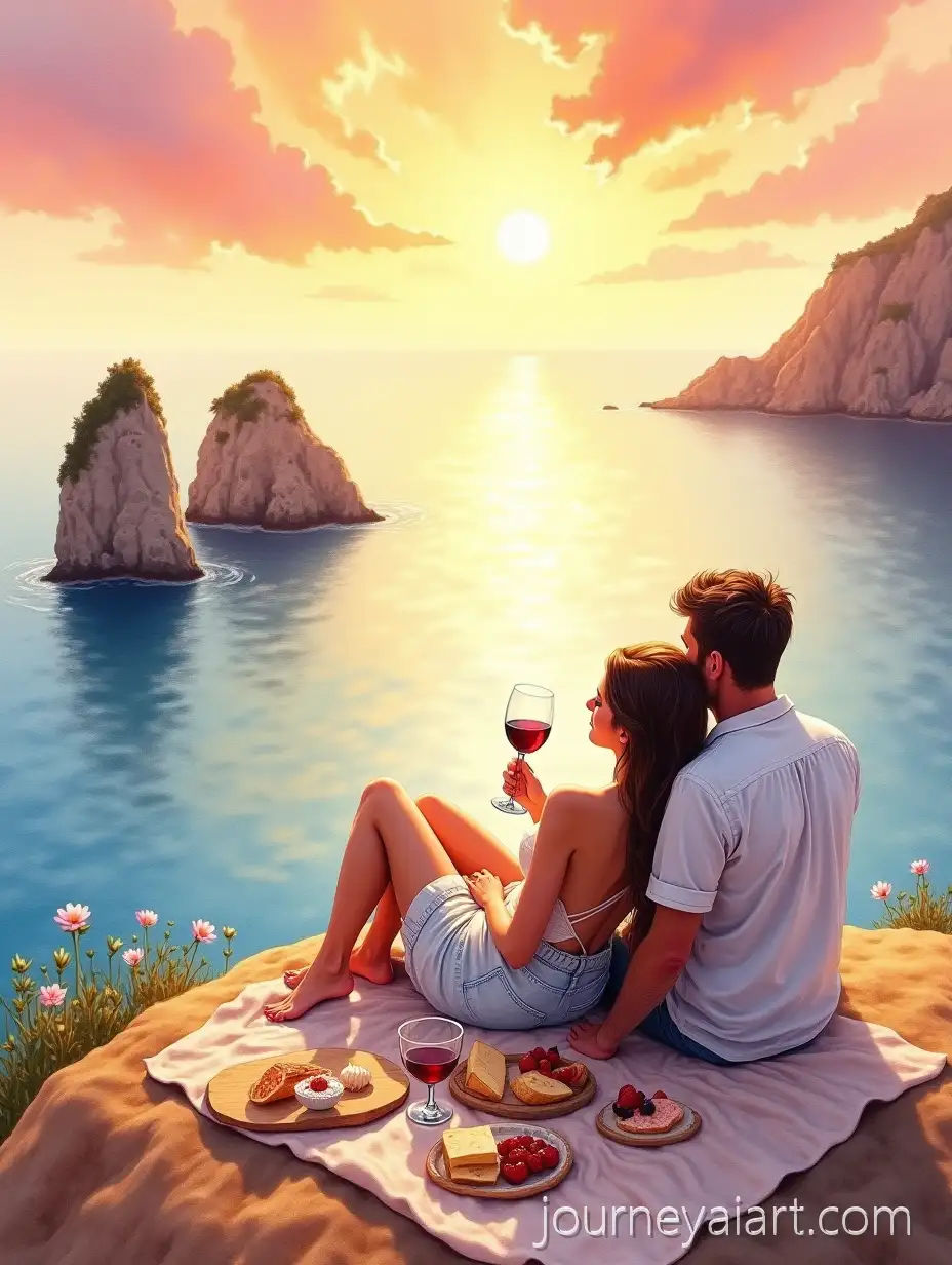 Romantic-Couple-Enjoying-Sunset-Picnic-on-Mediterranean-Cliff-in-Watercolor