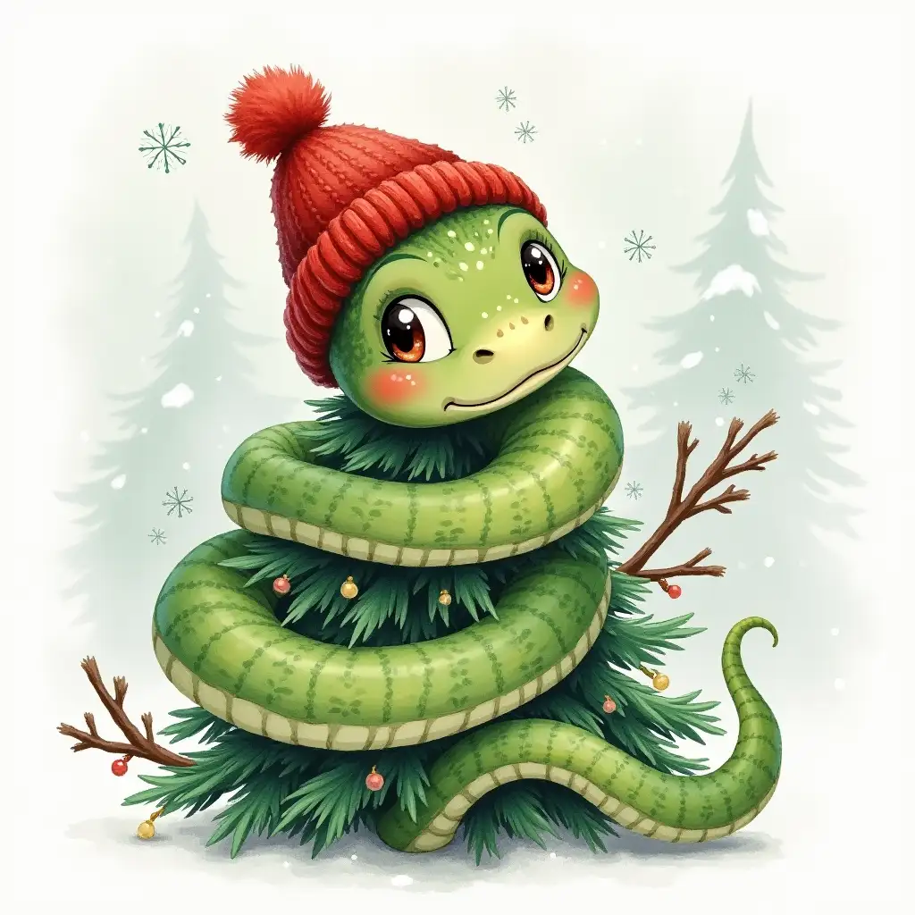 A sweet green snake wraps around a New Year's tree, with a red knitted hat on its head, the snake has big expressive eyes, against a background of snowflakes and tree branches, in watercolor style