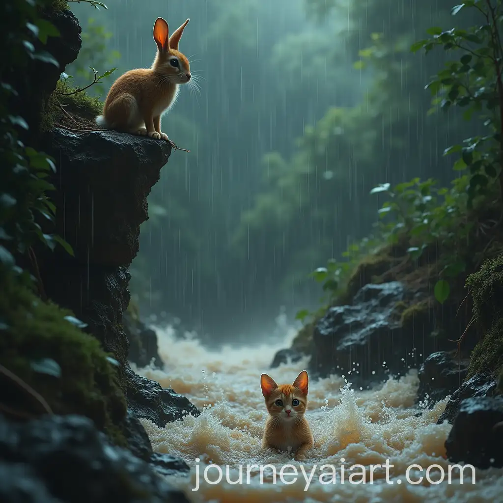 Kitten-Struggling-in-Floodwaters-with-Concerned-Rabbit-Watching-from-Cliff