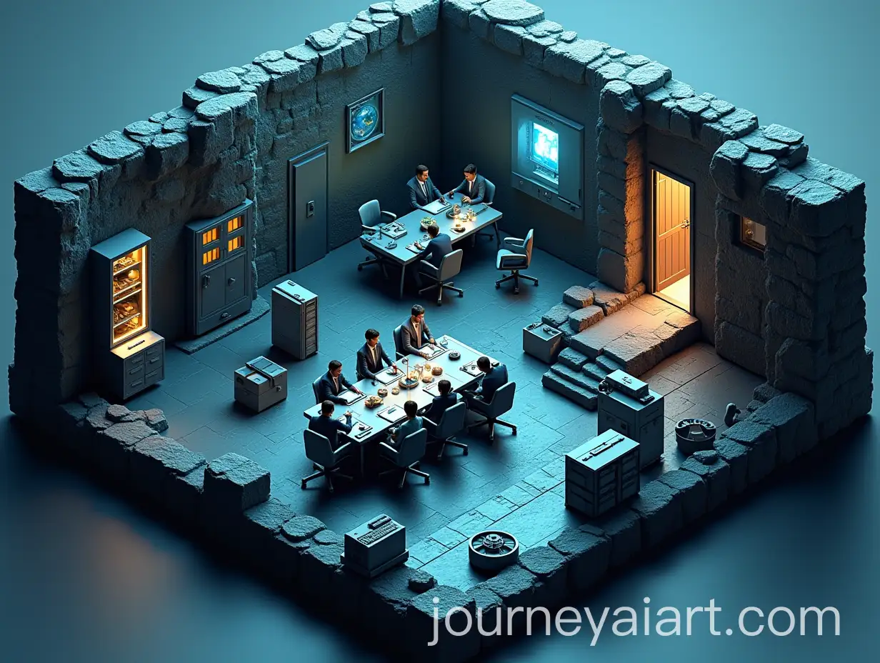 3D-Isometric-Projection-of-HighTech-Underground-Secret-Agent-Organization-with-Laboratories-and-Meetings
