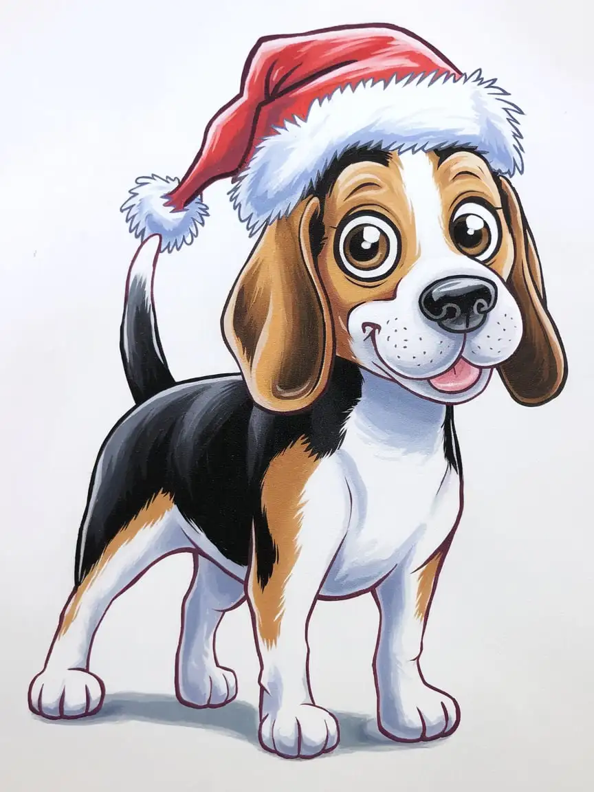 a cute lifelike cartoon painted by markers of a Beagle Dog standing, resembles a miniature Foxhound, but the head is broader and the muzzle shorter, the body is black and light brown and white markings, wearing a Santa hat, big round eyes, happy look on face, white background