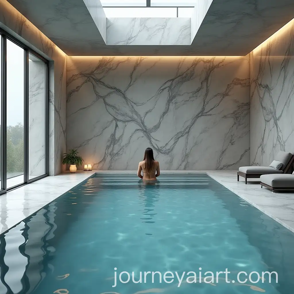 Elegant-Woman-in-Luxury-Indoor-Pool-with-Grey-Marble-Walls