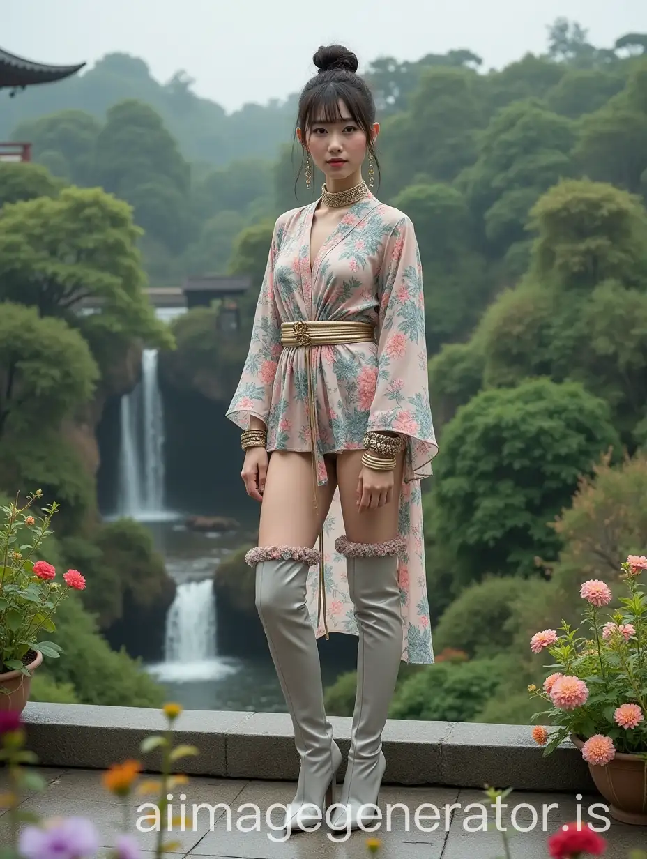 full body shot of a Japanese model, with bun, a lot of bracelets, collars and earrings, wearing high light pearly grey patent thigh-high-boots with very high heels, wearing multi-colors, grey black, silver, gold , light pink kimono dress, on a rooftop over a lush garden filled with multiple species of flowers and a waterfall